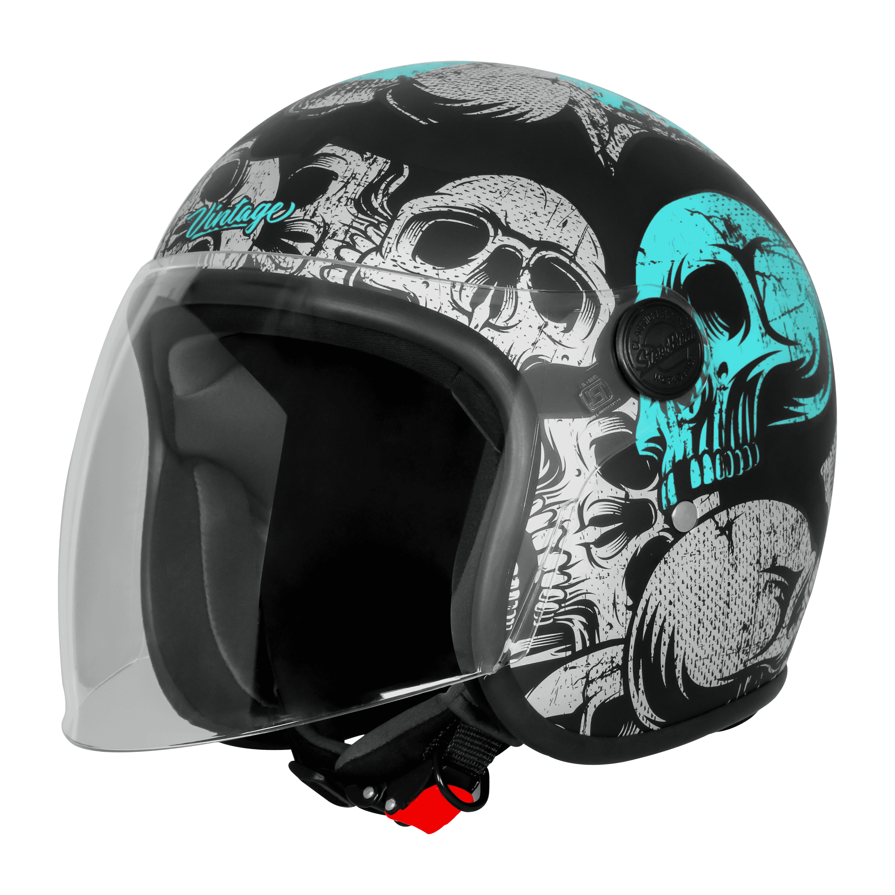 SBH-56 VINTAGE SKULL GLOSSY BLACK WITH TURQUOISE
